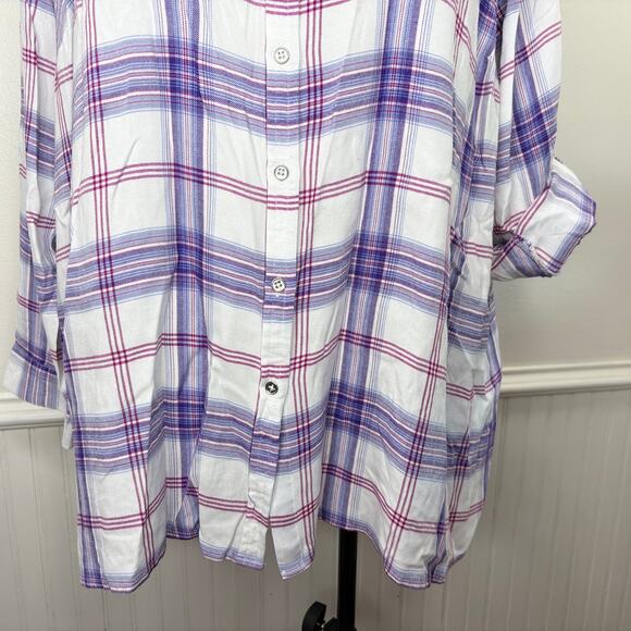 Catherines Plus Size 4X Top Plaid Button Up Roll Tab Sleeve Classic Soft Preppy - Picture 5 of 13
